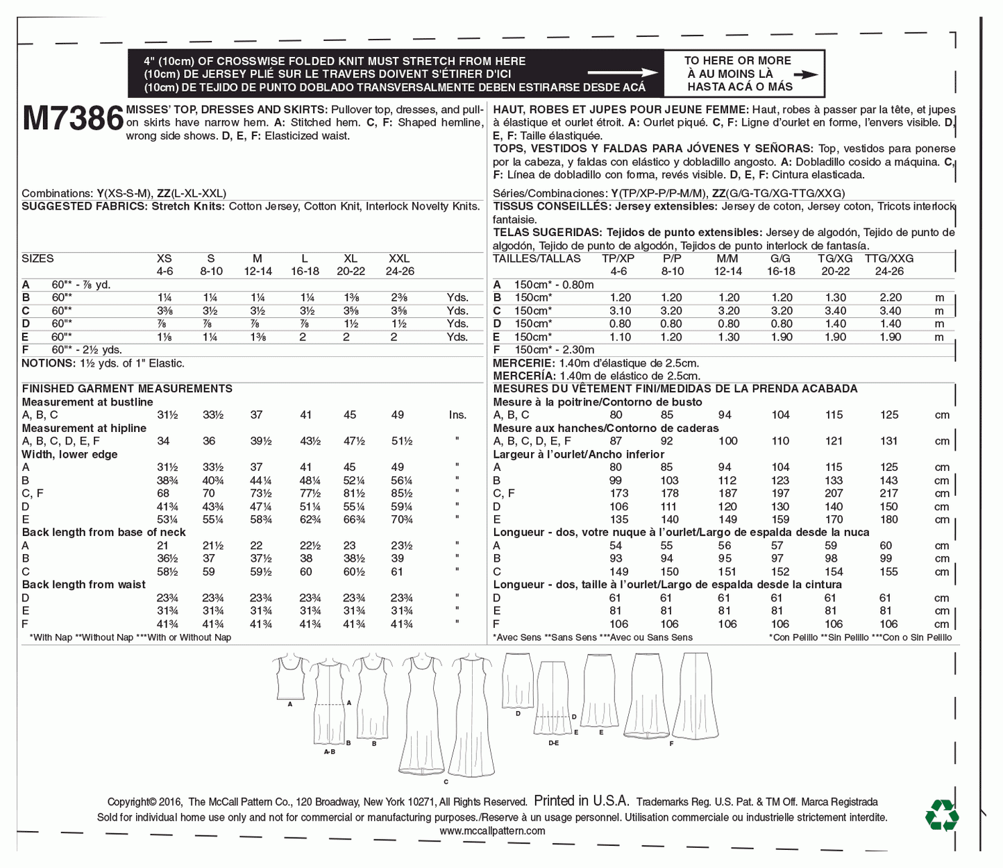 McCall's Pattern M7386 Misses' Knit Tank Top, Dresses and Skirts