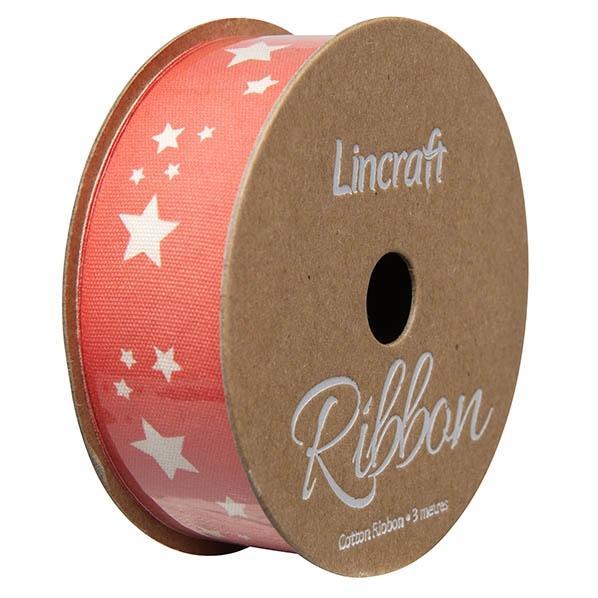 Cotton Ribbon, Stars Fluoro Pink- 25mm x 3m