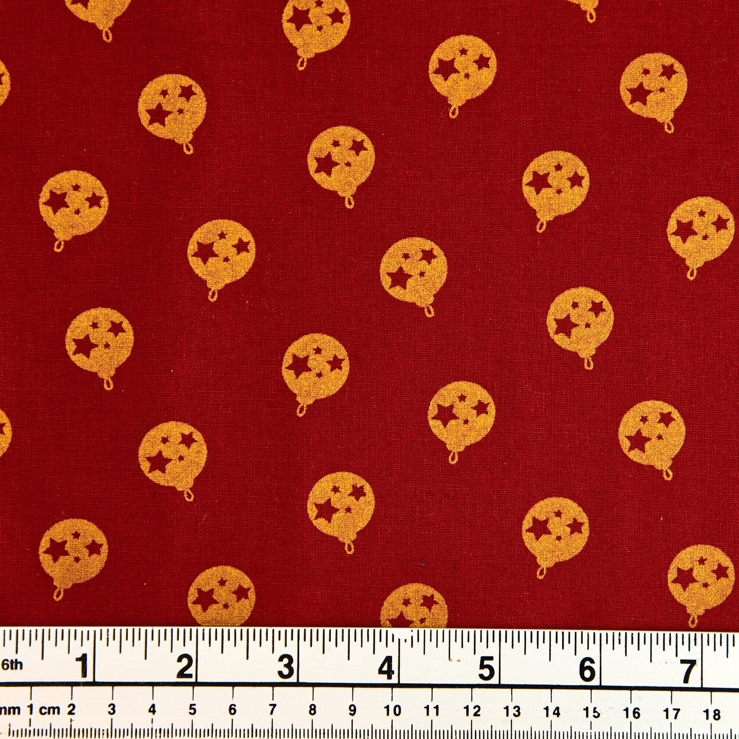 Christmas Metallic Cotton Print Fabric, Red/Gold Baubles- Width 112cm
