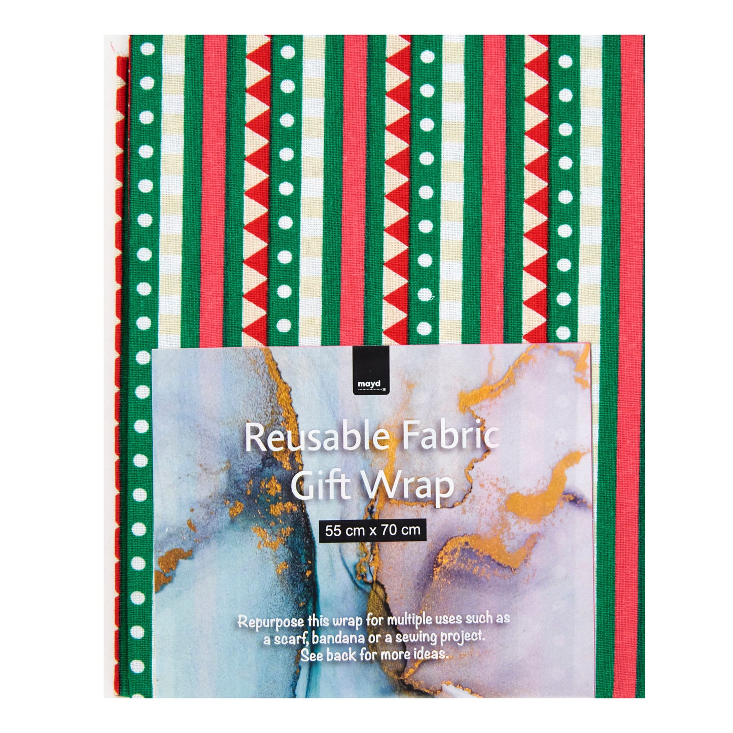 Christmas Print Cotton Fabric Reusable Gift Wrap, Green/Red White Sripe- 55cmx70cm