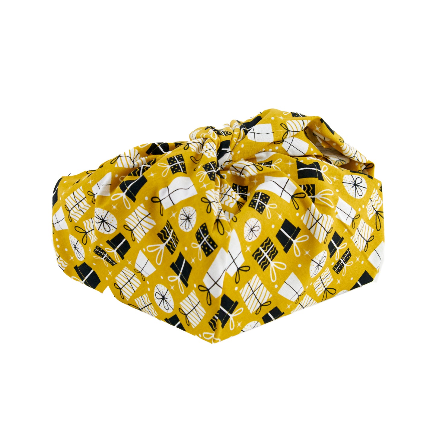 Christmas Print Cotton Fabric Reusable Gift Wrap, Yellow Presents- 55cmx70cm