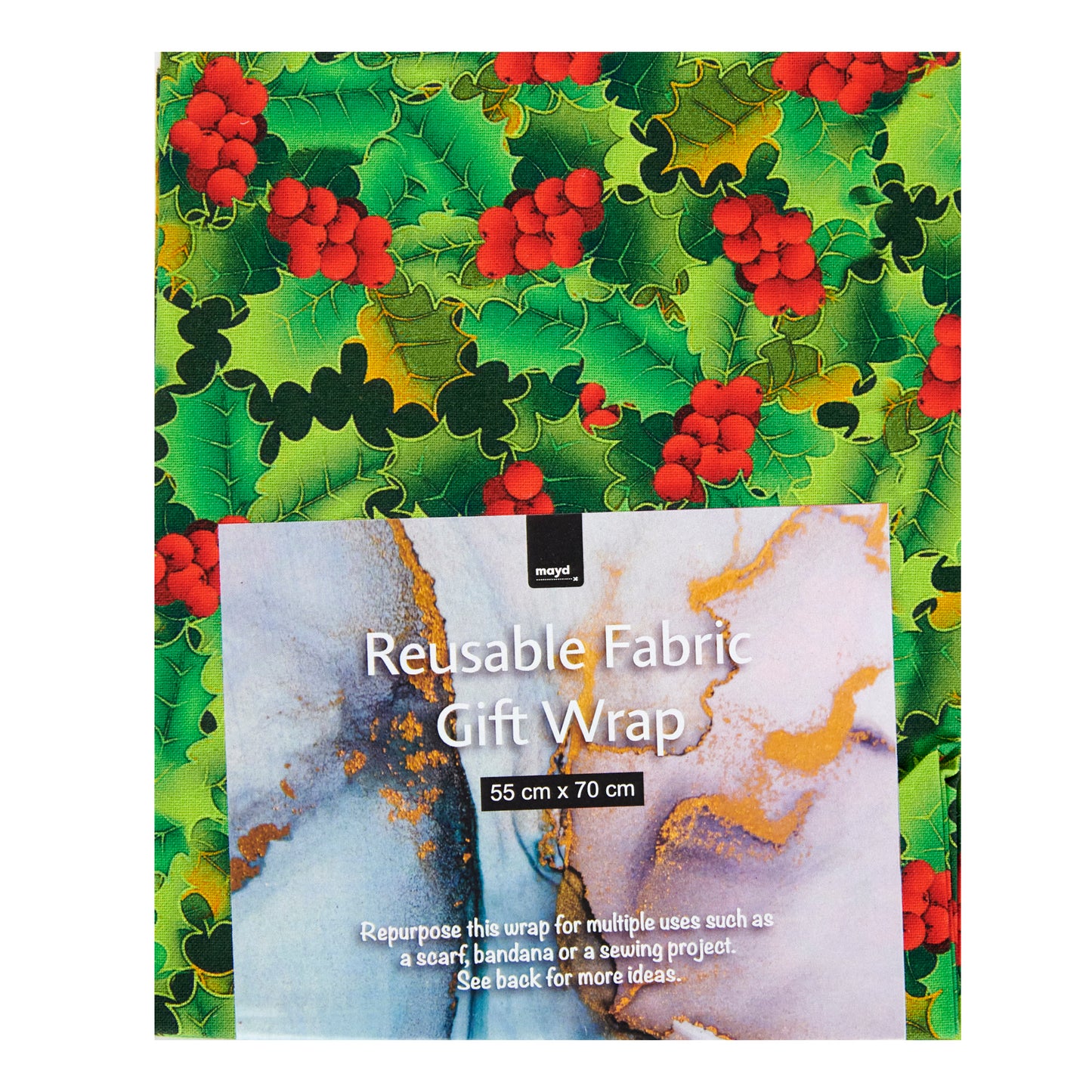 Christmas Print Cotton Fabric Reusable Gift Wrap, Green Berry Holly- 55cmx70cm
