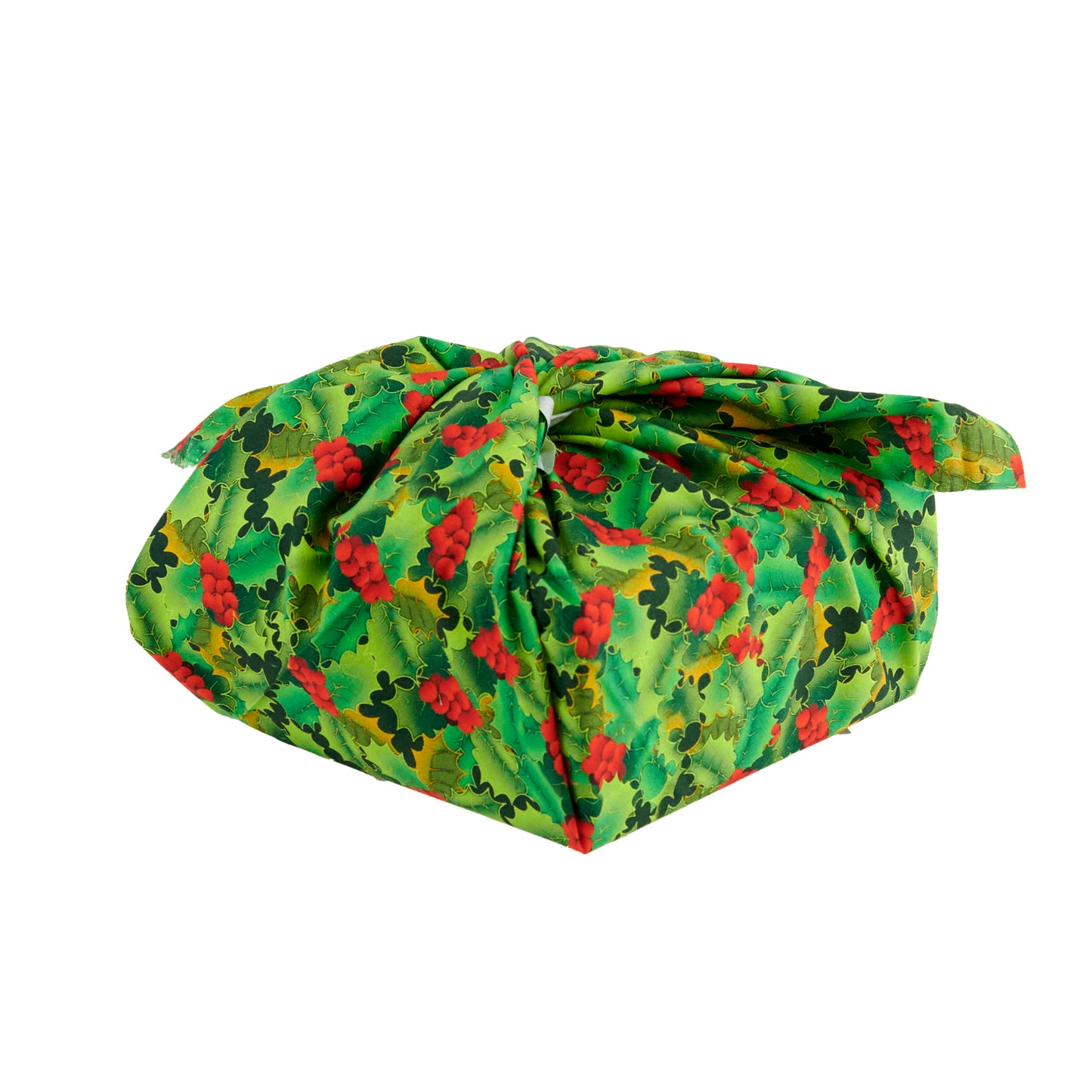 Christmas Print Cotton Fabric Reusable Gift Wrap, Green Berry Holly- 55cmx70cm