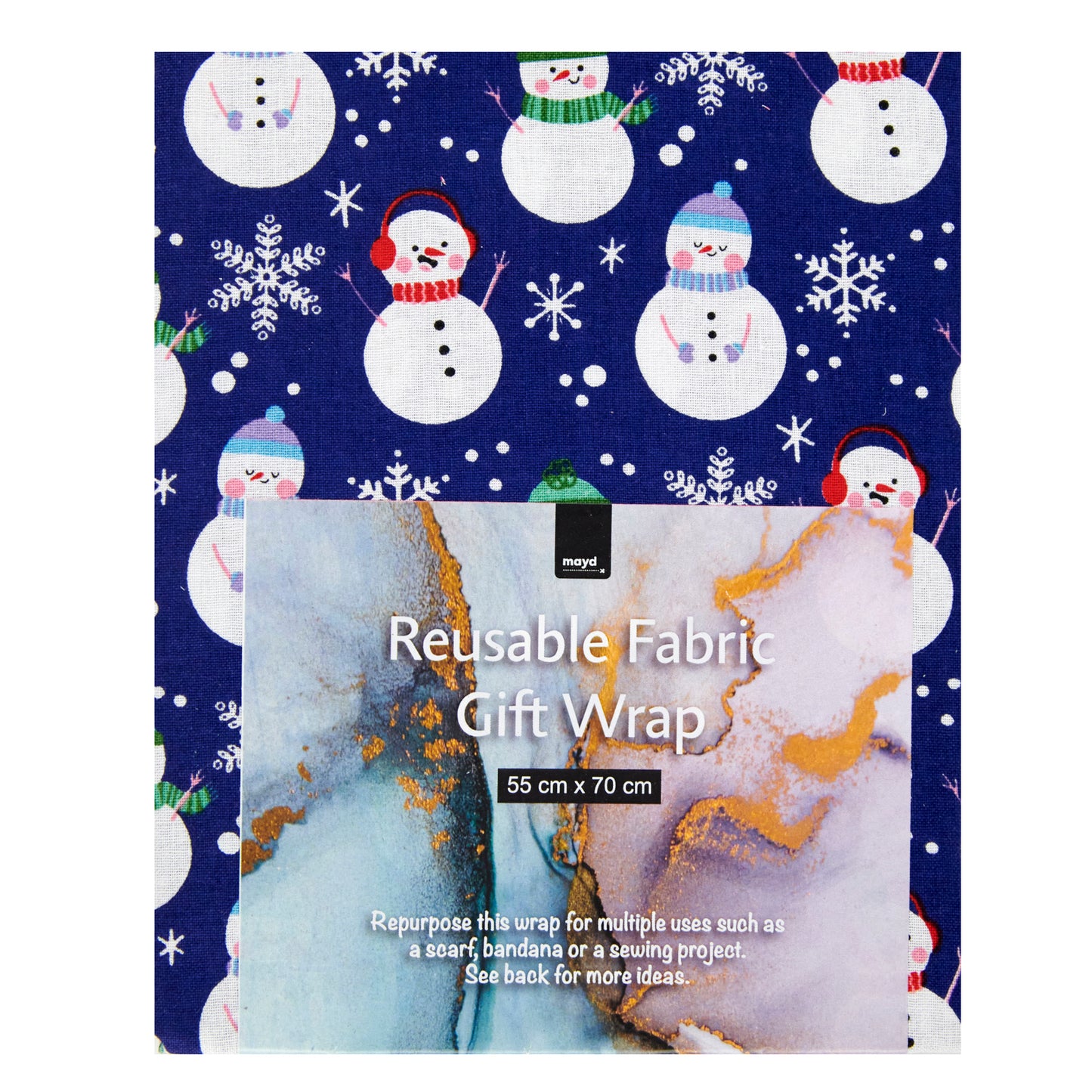 Christmas Print Cotton Fabric Reusable Gift Wrap, Blue Snowman- 55cmx70cm