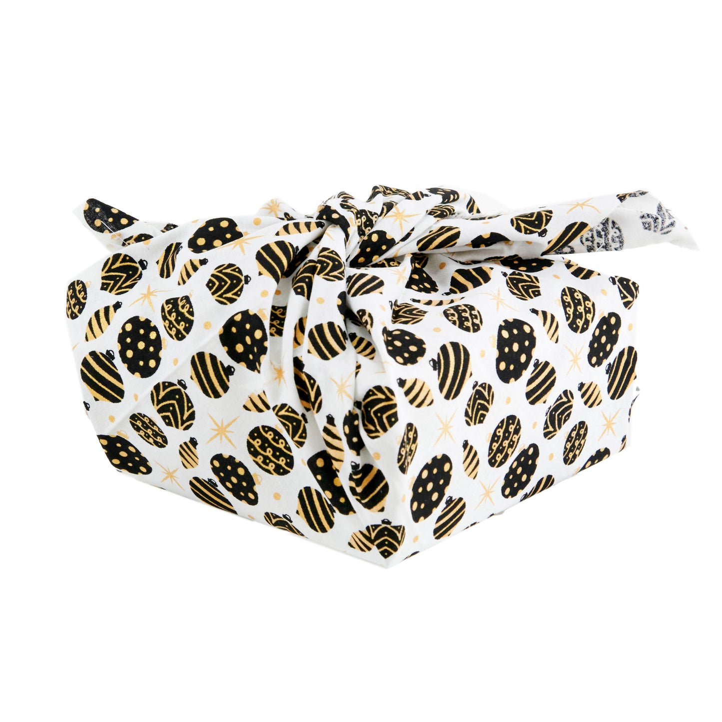 Metallic Christmas Fabric Print Reusable Gift Wrap, Black Gold Baubles- 55cmx70cm
