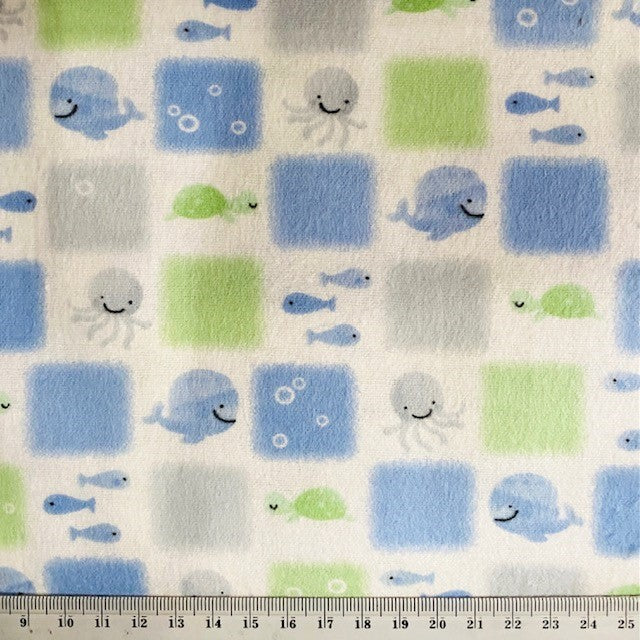 Printed Flannelette Fabric, Blue Lime Fish Print-108cm Width