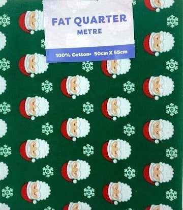 Christmas Print Cotton Fat Quarters, Green Santa Heads - 50cmx55cm