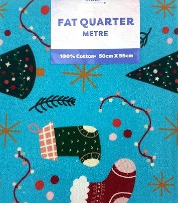 Christmas Print Cotton Fat Quarters, Blue Stockings & Trees - 50cmx55cm