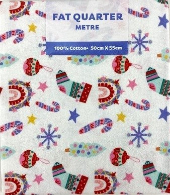 Christmas Print Cotton Fat Quarters, White Stocking & Candy Cane - 50cmx55cm