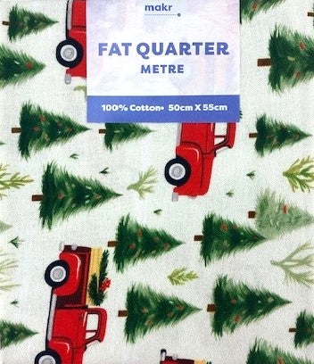 Christmas Print Cotton Fat Quarters, White Truck & Trees - 50cmx55cm