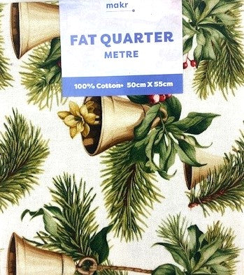 Christmas Print Cotton Fat Quarters, Cream Bells - 50cmx55cm