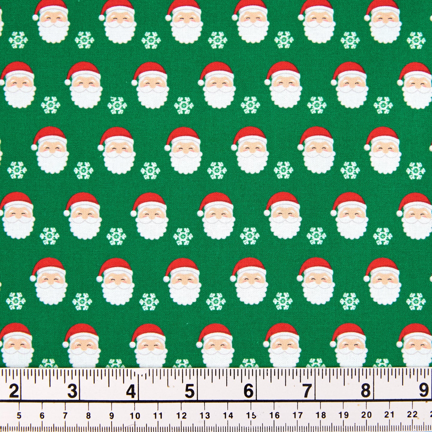 Christmas Cotton Print Fabric, Green/Santa Heads- Width 112cm