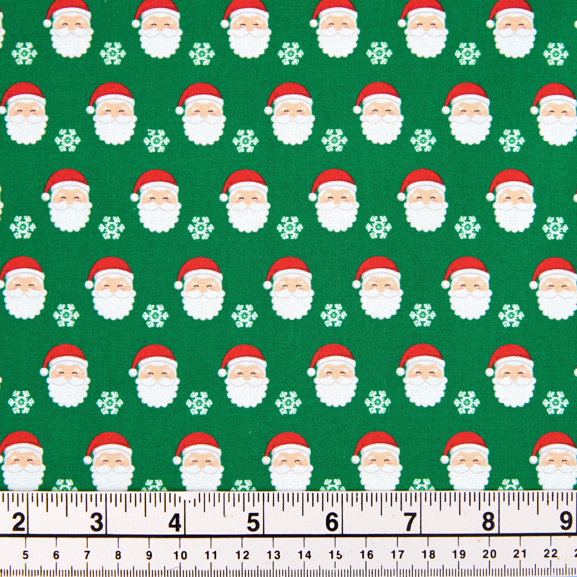 Christmas Cotton Print Fabric, Green/Santa Heads- Width 112cm