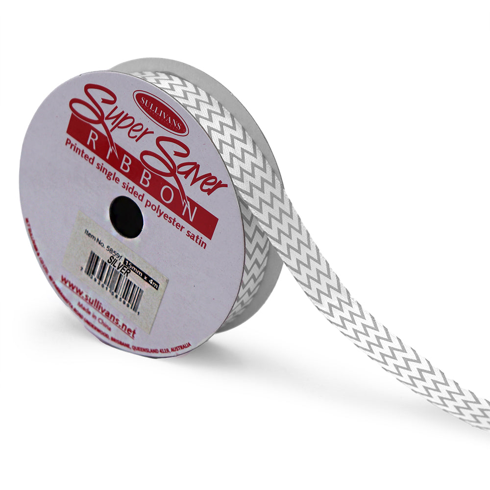 Sullivans Satin Ribbon, Chevron Silver- 15mm