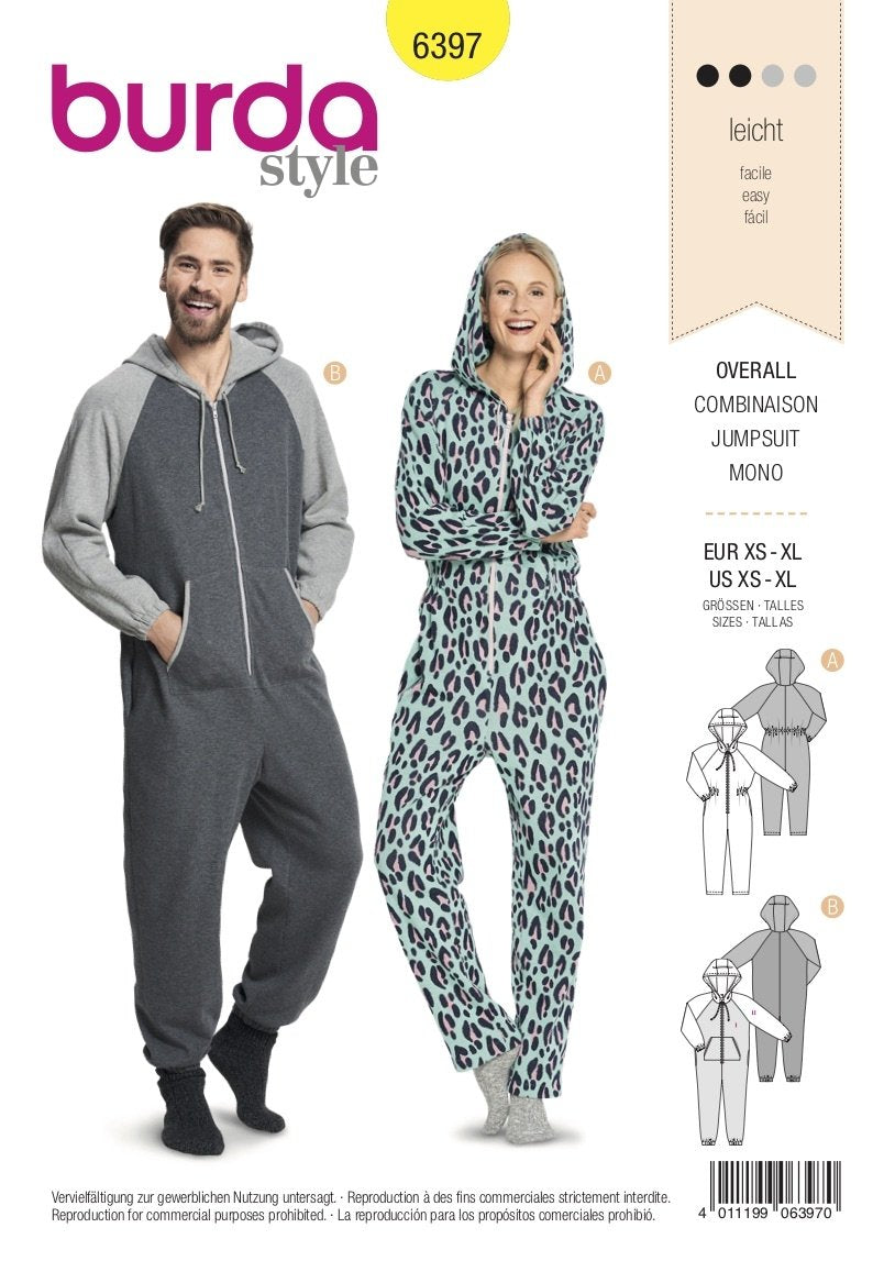 Burda Pattern 6397 Unisex Hooded Jumpsuits (XS-XL)