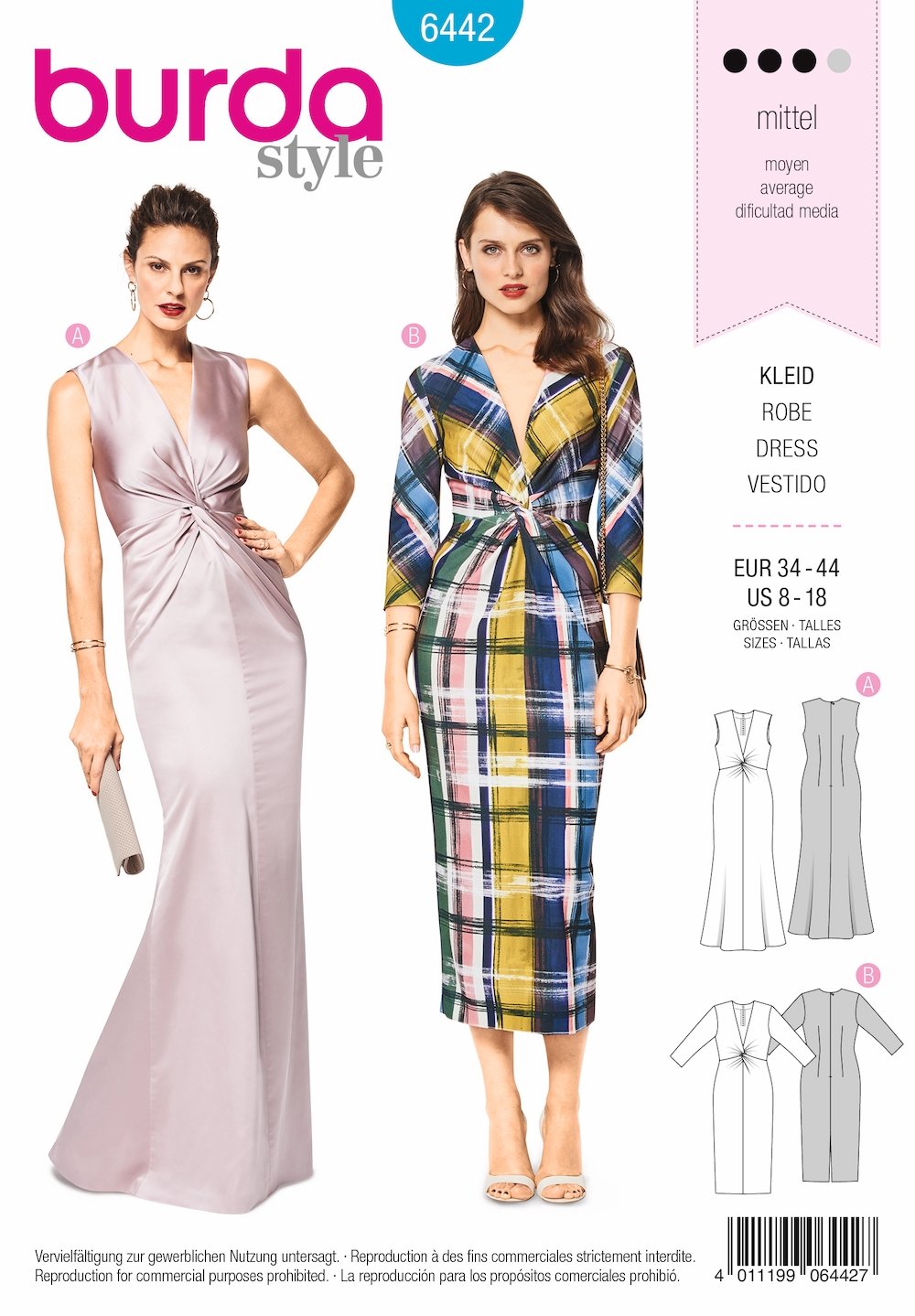 Burda Pattern 6442 Misses' V-Neck Evening Dresses (8-18)
