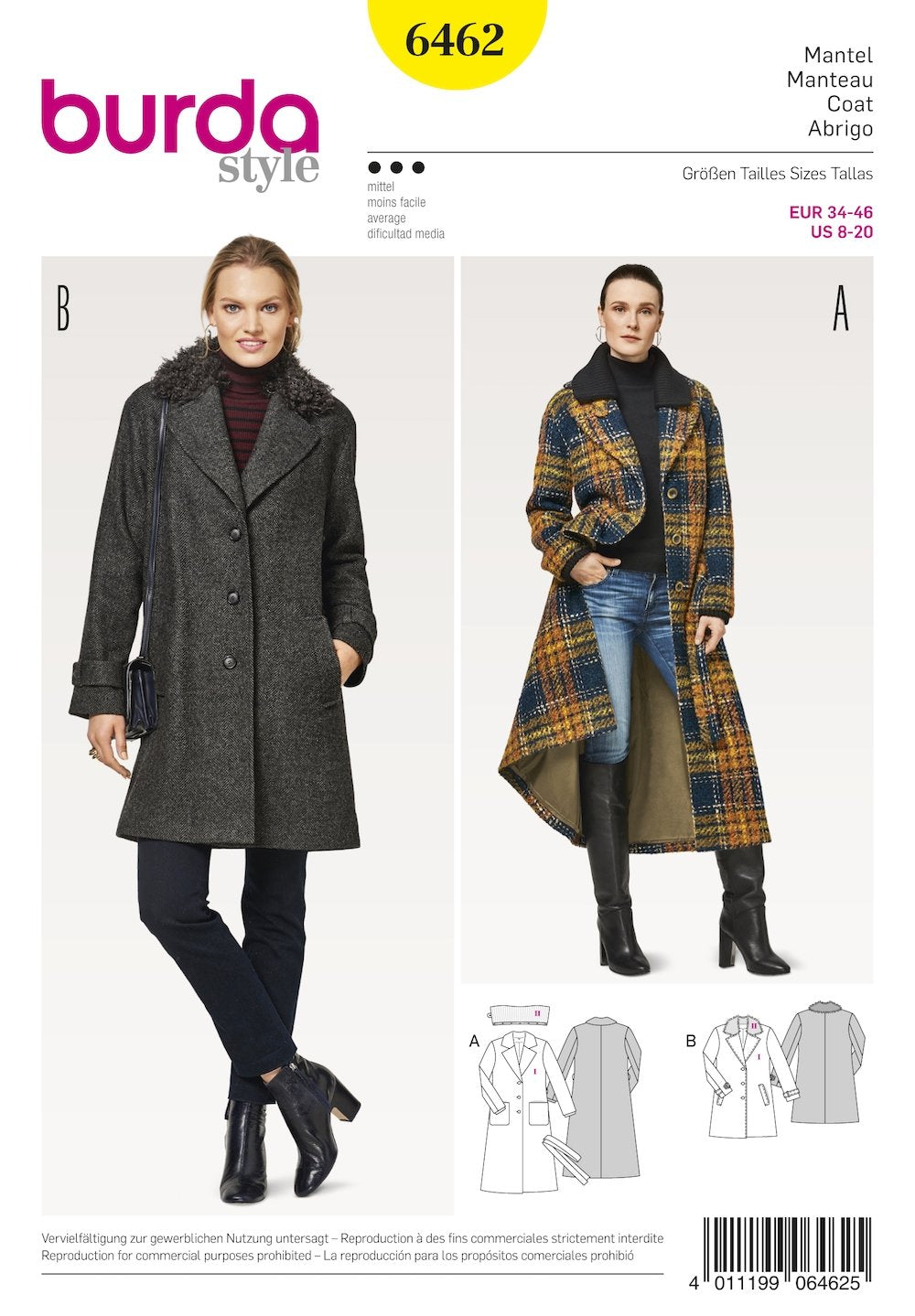 Burda Pattern 6462 Misses' Fur Collar Coat (8-20)