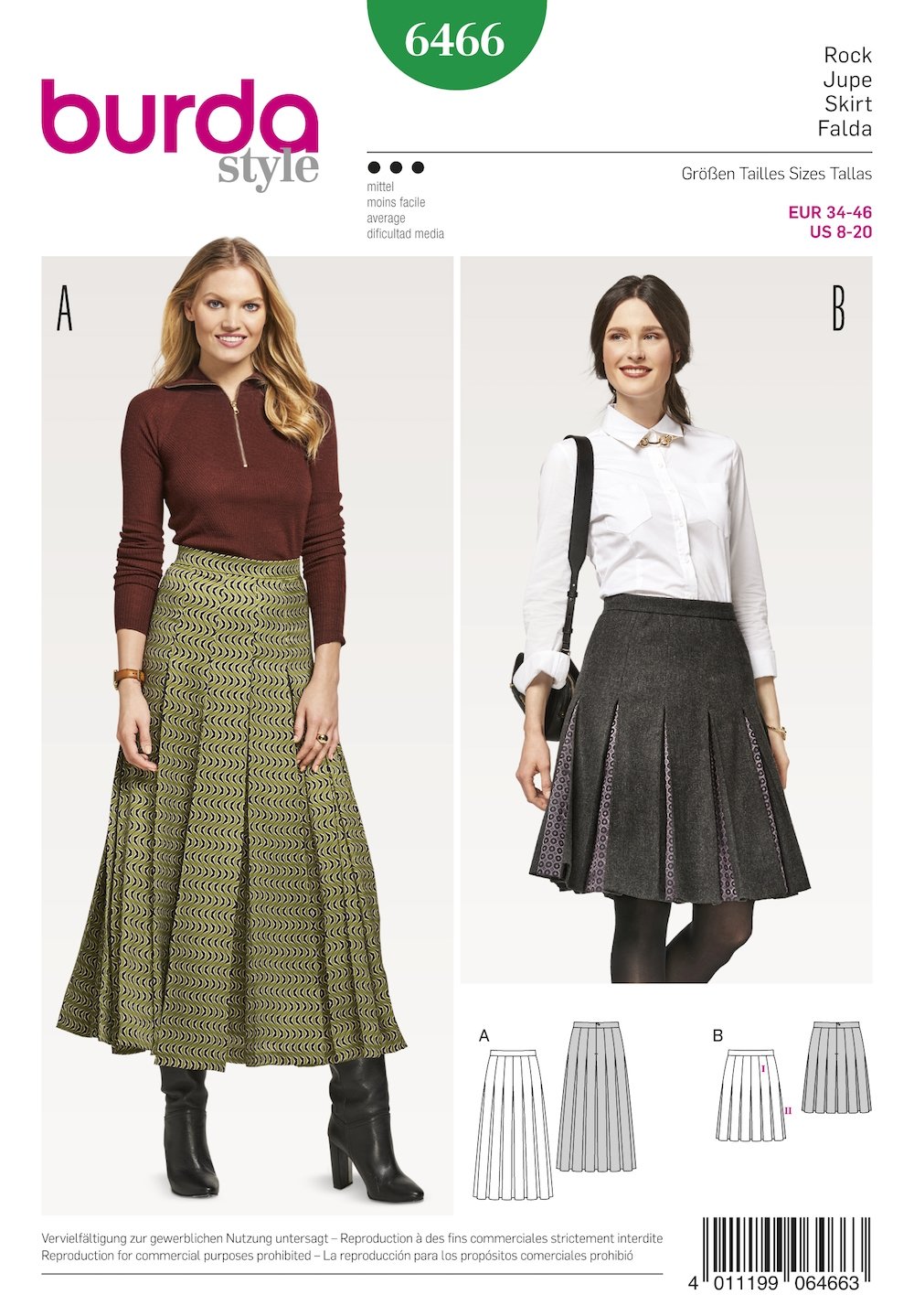 Burda Pattern 6466 Misses' Pleated Skirt (8-20)