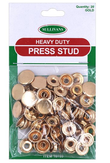 Heavy Duty Press Stud Size 15mm, Gold- 20pk