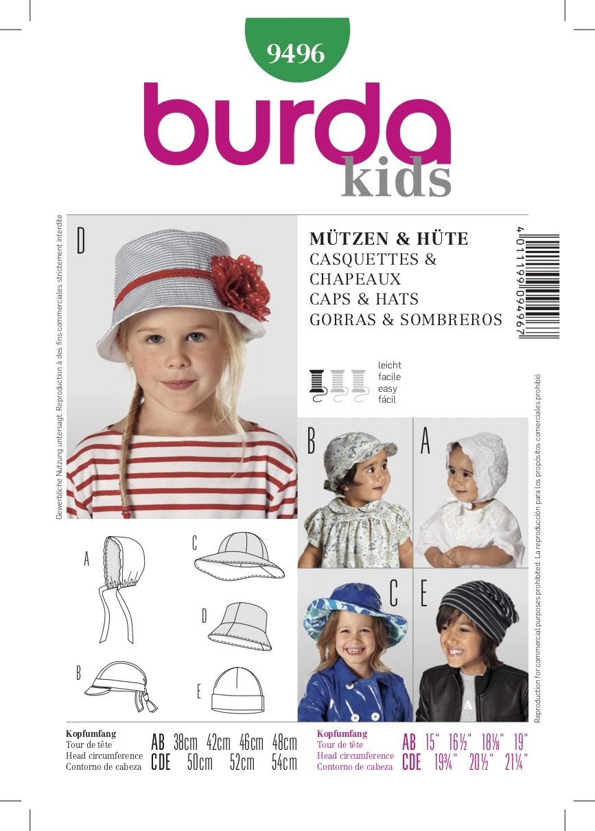 Burda Pattern 9496 Caps & Hats (12-22)
