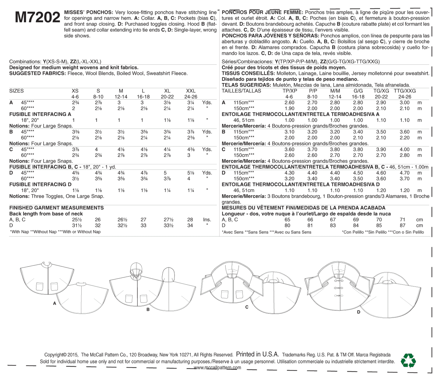 McCall's Pattern M7202 Misses' Ponchos