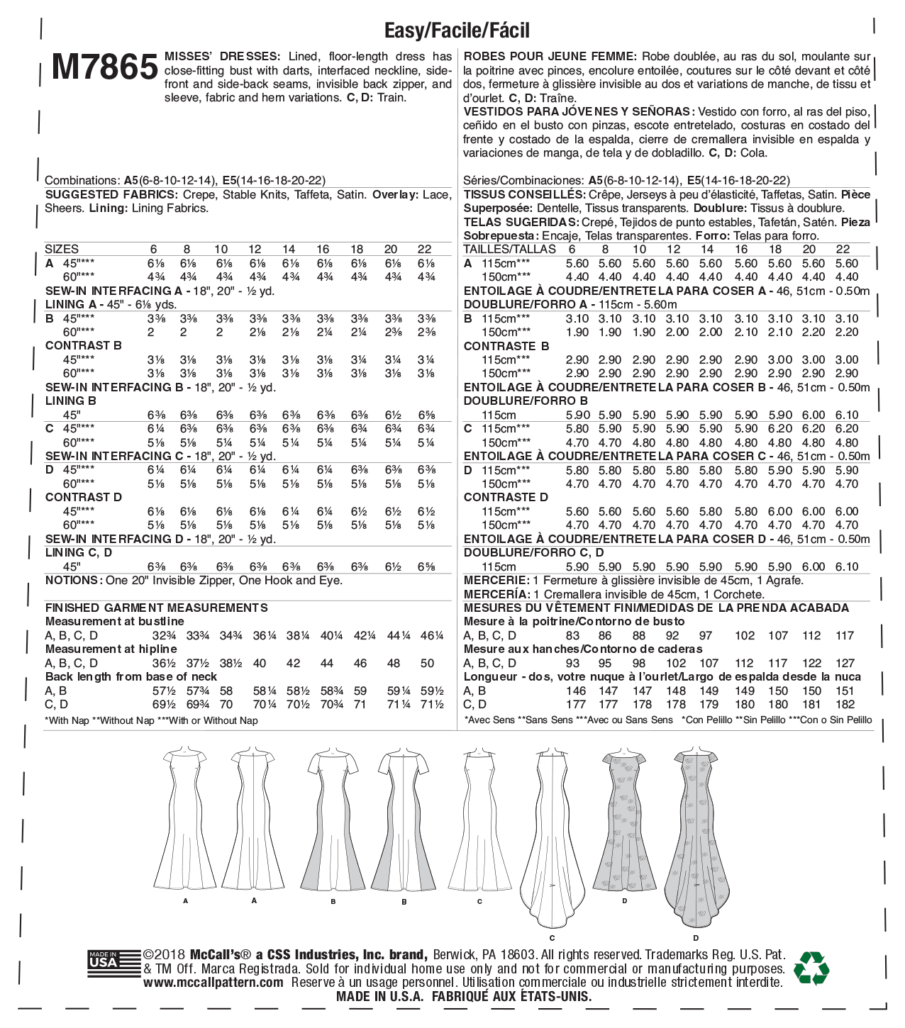 McCall's Pattern M7865 Misses' Dresses