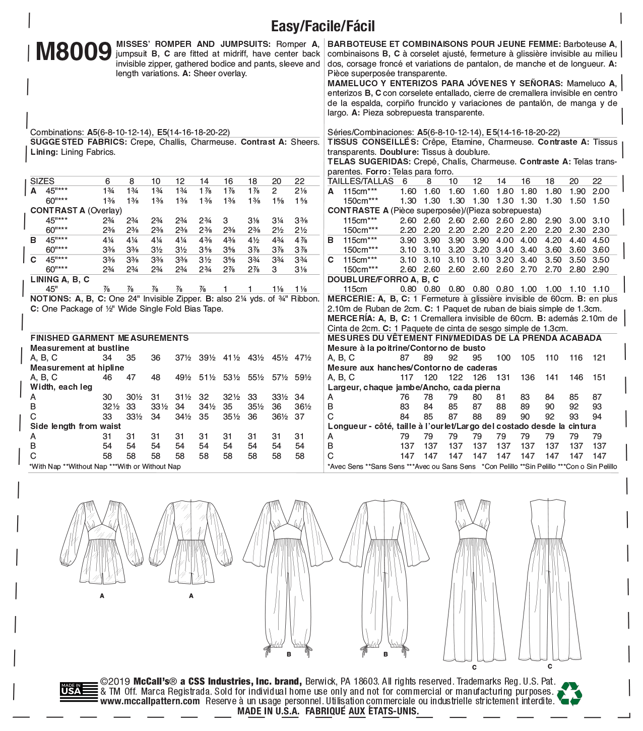 McCall's Pattern M8009 Misses' Romper and Jumpsuits