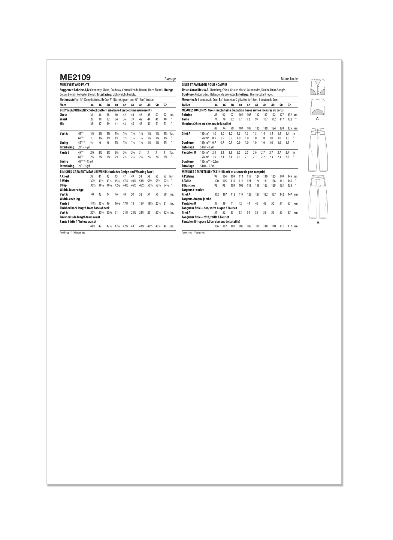 McCall's Pattern ME2109 Men's Vest and Pants
