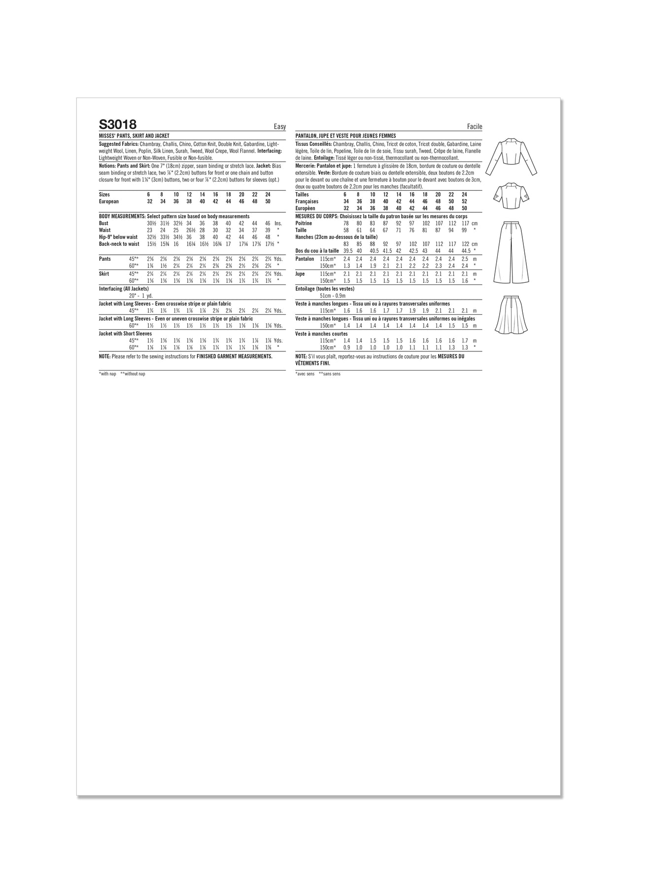 Simplicity Sewing Pattern 3018 Misses' Pants, Skirt and Jacket