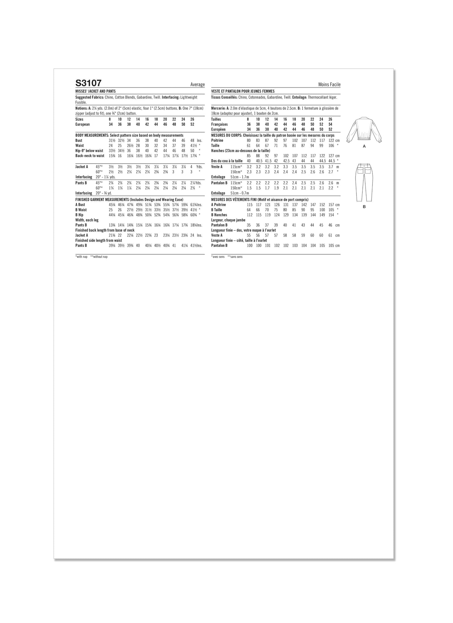 Simplicity Pattern S3107 Misses' Jacket and Pants