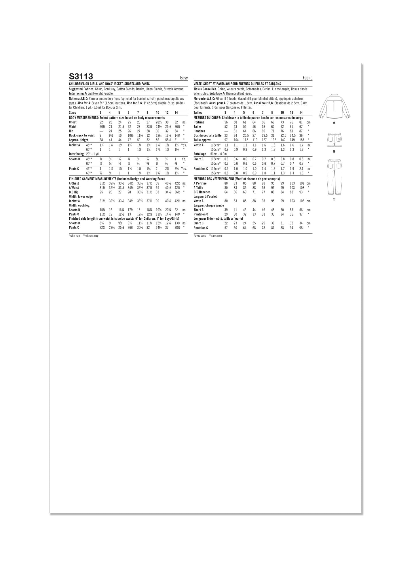 Simplicity Pattern S3113 Children's or Girls' and Boys' Jacket, Shorts and Pants