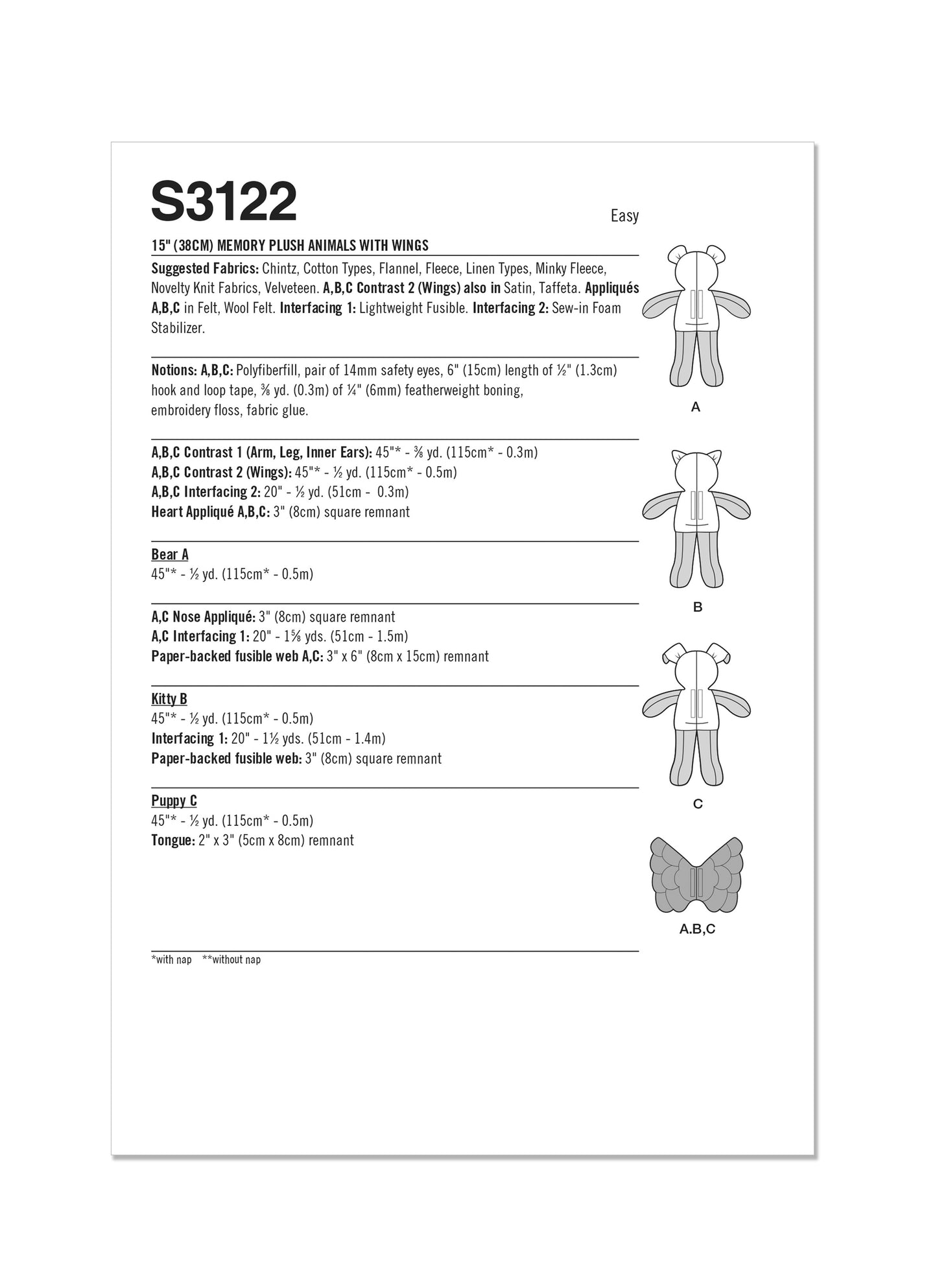 Simplicity Pattern S3122 Memory Plush Animals with Wings