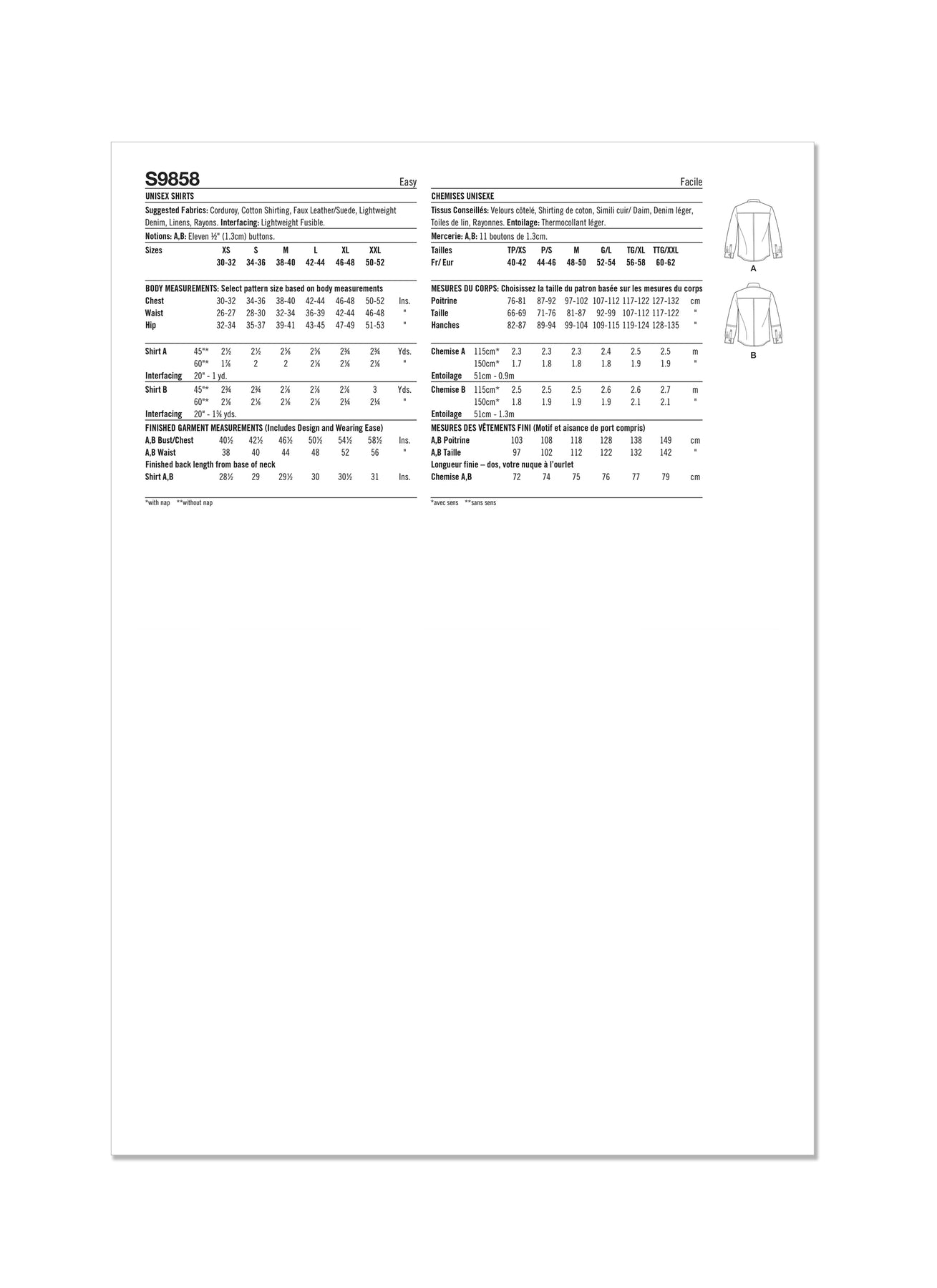 Simplicity Pattern 9858 Unisex Shirts