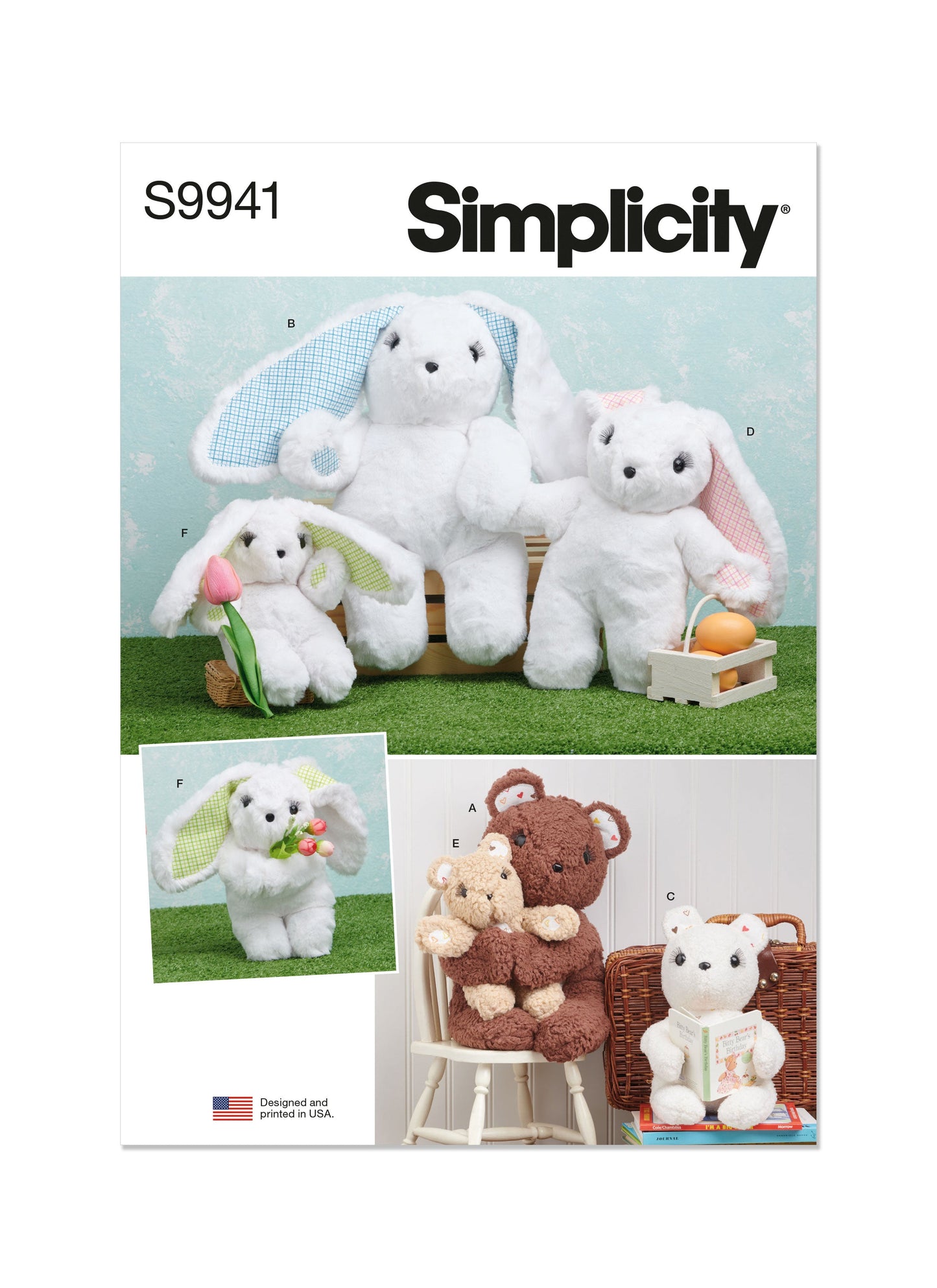 Simplicity Pattern 9941 Plush Bears and Bunnies in Three Sizes
