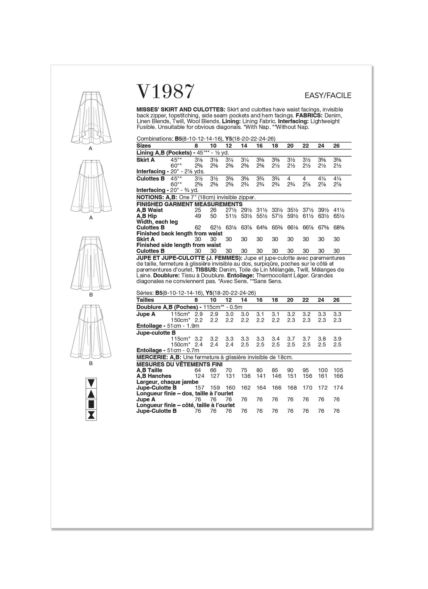Voguepattern V1987 Misses' Skirt/Pants