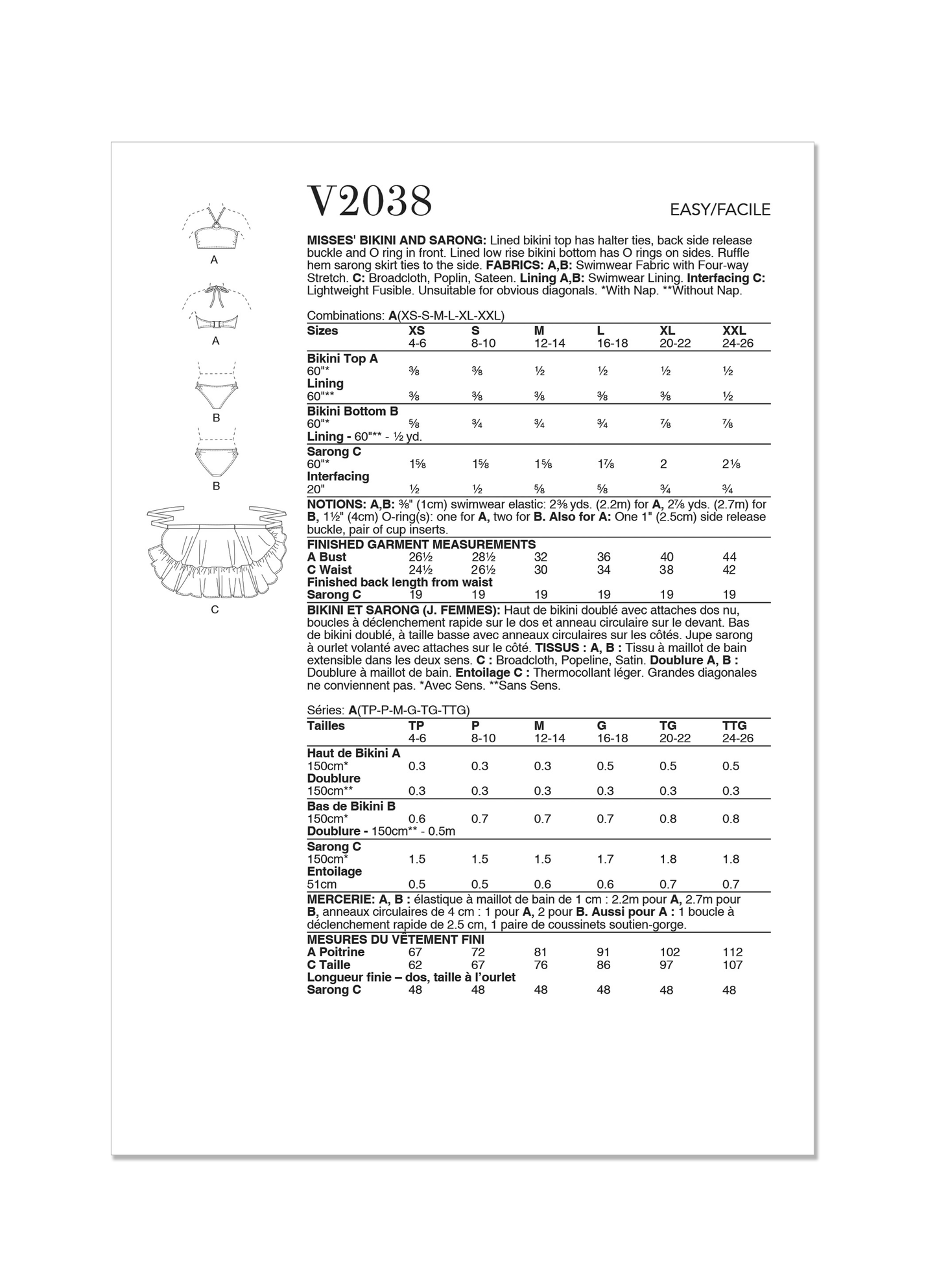 Vogue Pattern V2038 Misses' Bikini and Sarong