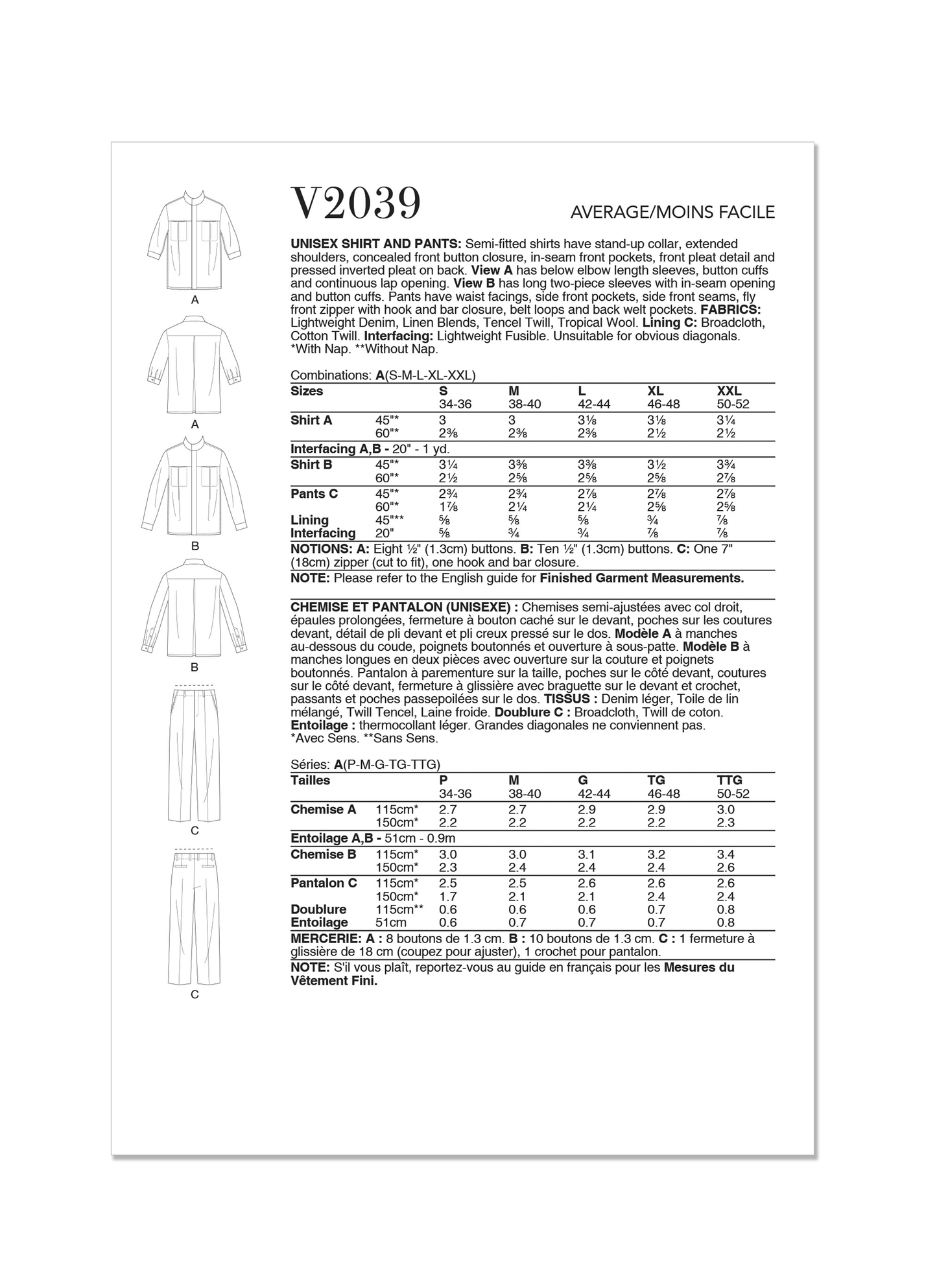 Vogue Pattern V2039 Unisex Shirt and Pants