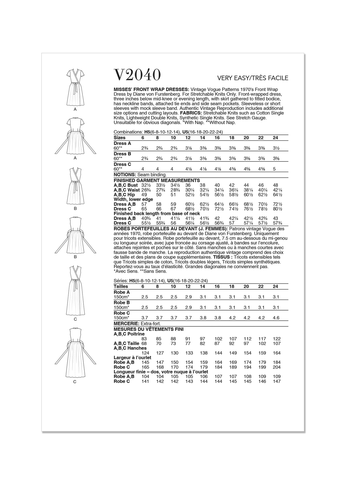 Vogue Pattern V2040 Misses' Front Wrap Dresses