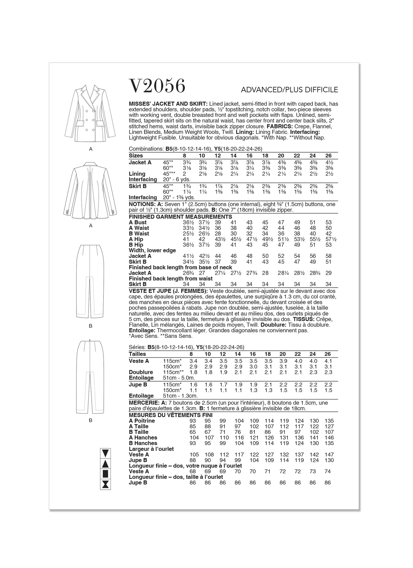 Vogue Pattern V2056 Misses' Jacket and Skirt