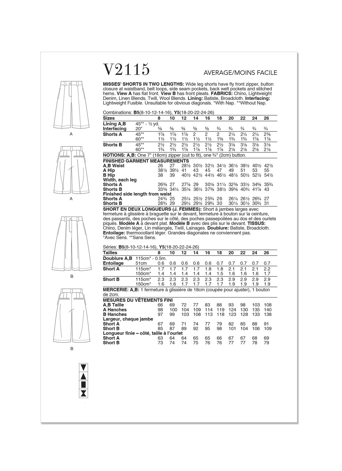 Vogue Pattern V2115 Misses' Shorts in Two Lengths