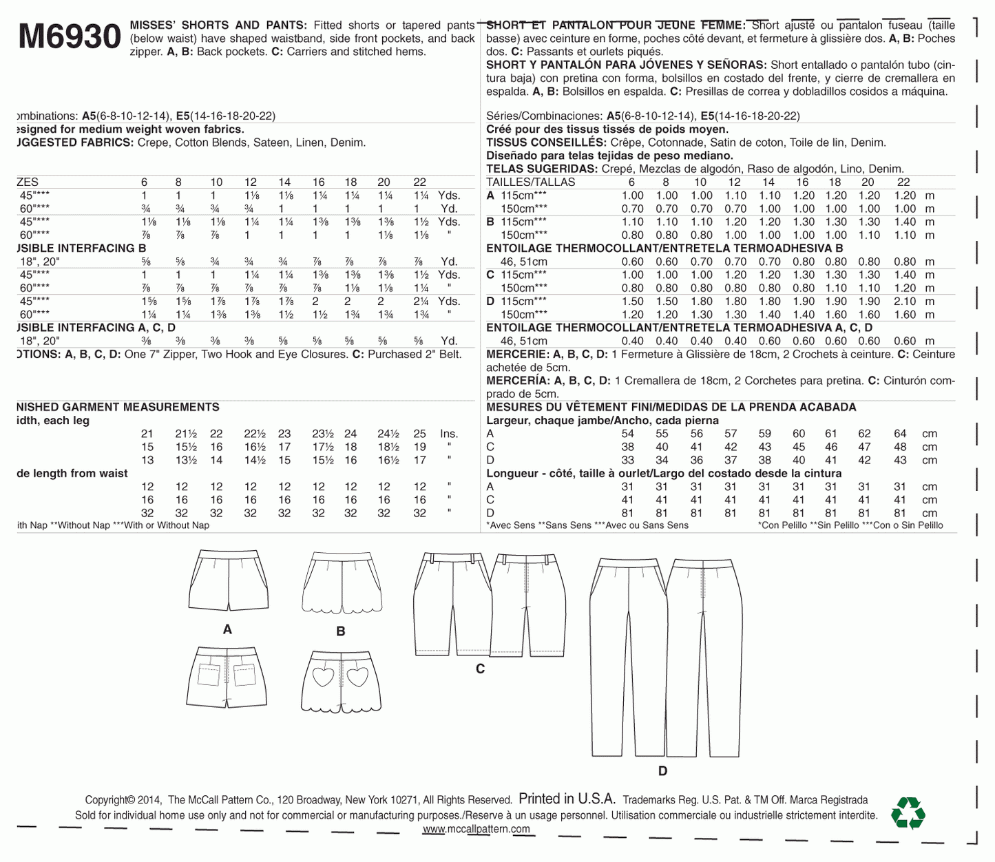 McCall's Pattern M6930 Misses' Shorts and Pants