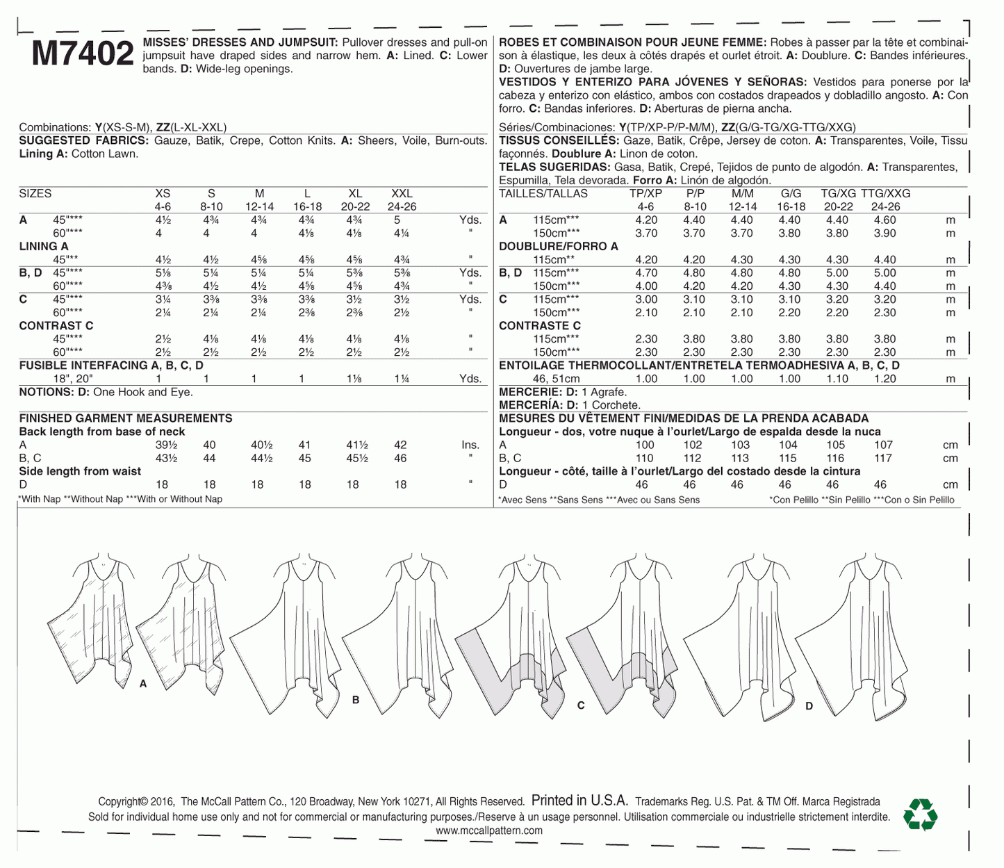 McCall's Pattern M7402 Misses' Dresses and Jumpsuit