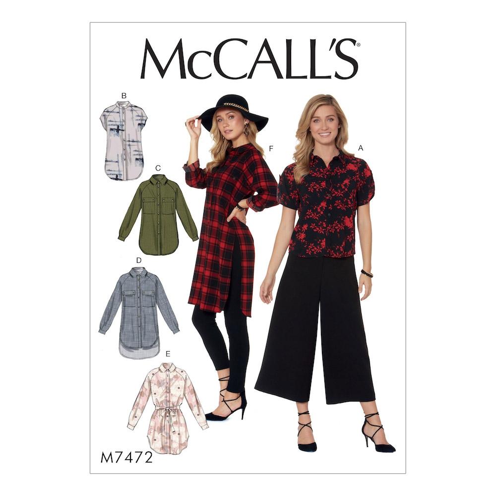McCall's Pattern M7472 Misses' Raglan Sleeve, button-Down Shirts and Tunics