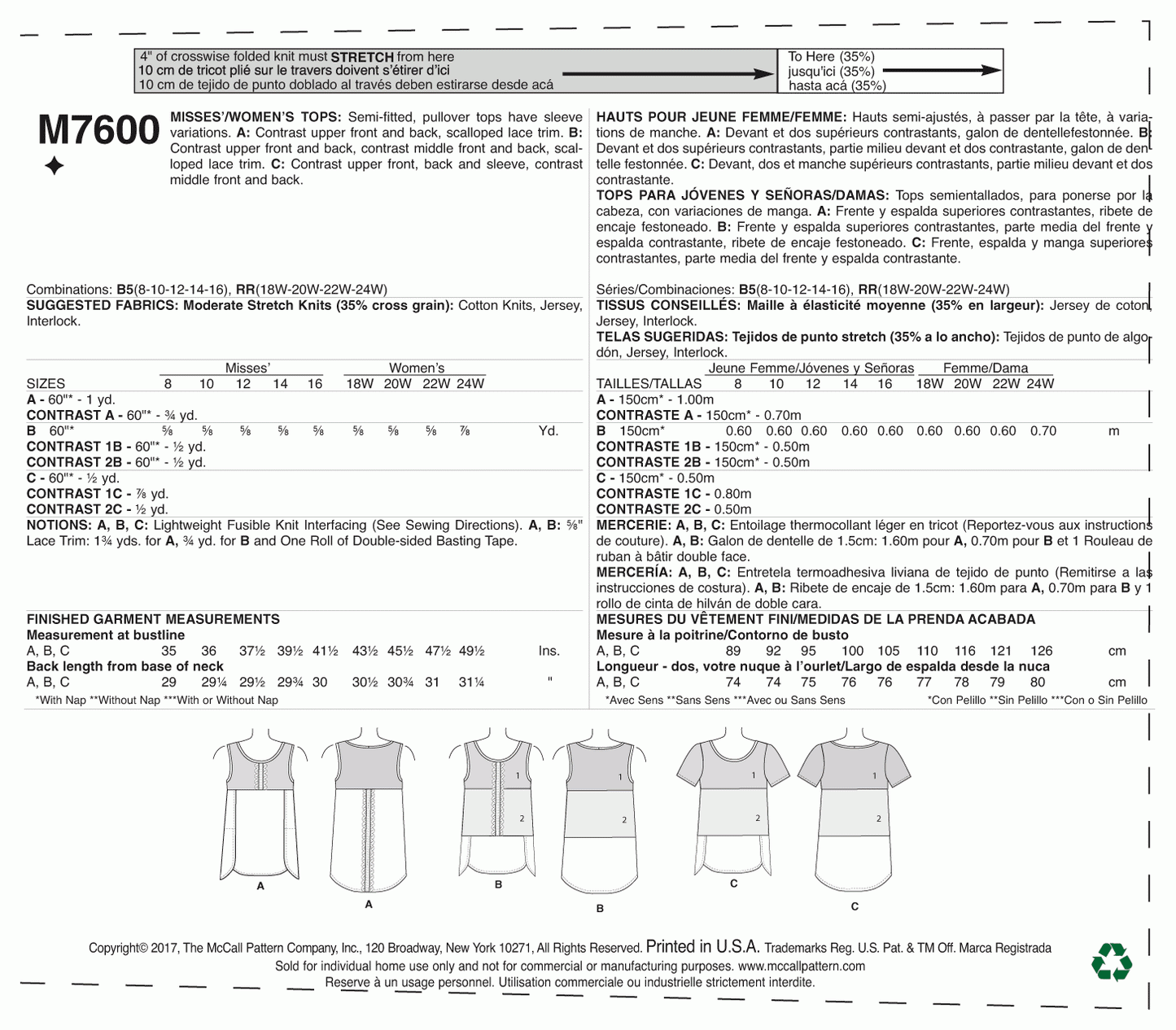 McCall's Pattern M7600 Misses'/Women's Pullover Tops with Contrast and Sleeve Variations