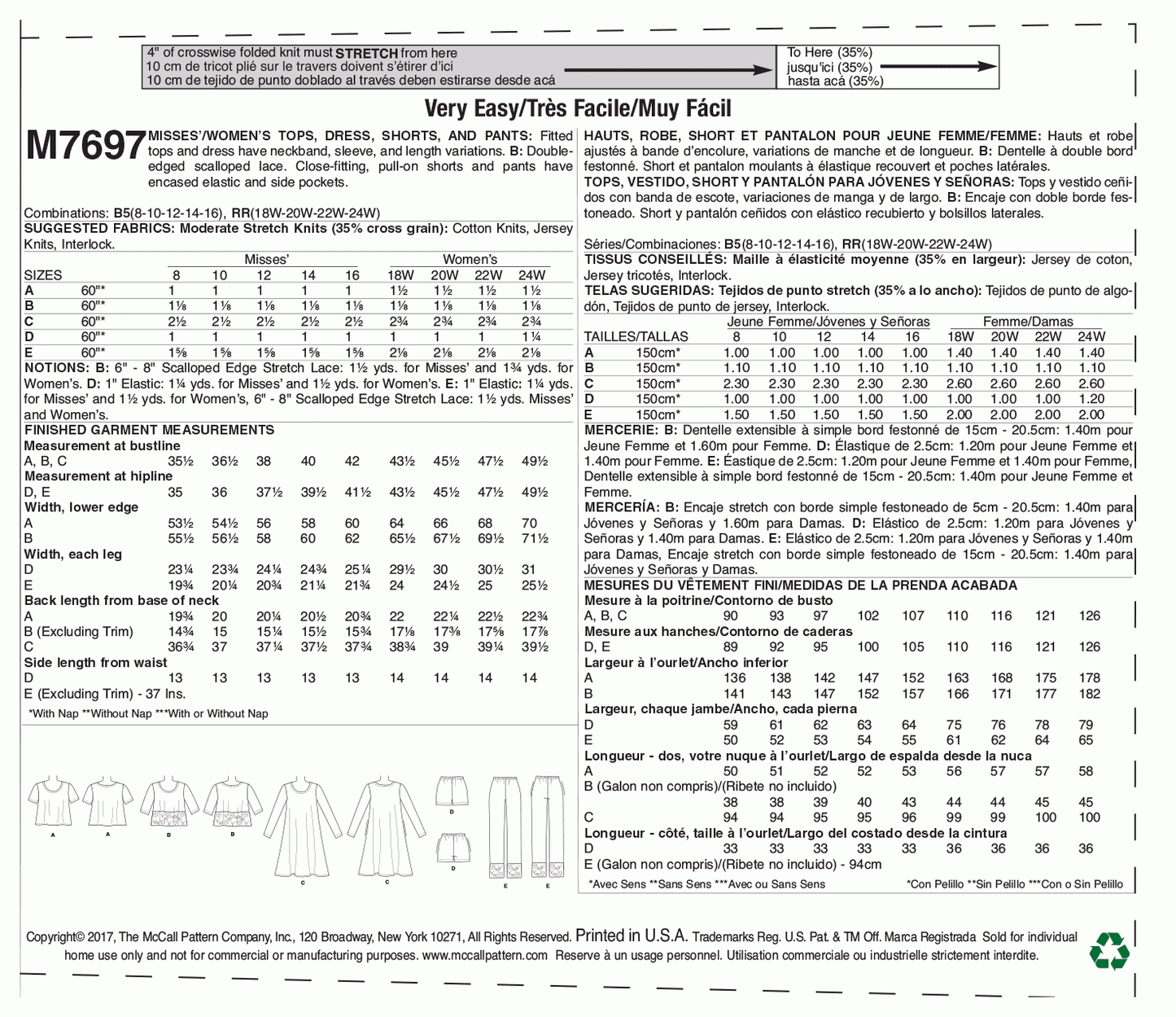 McCall's Pattern M7697 Misses'/Women's Lounge Tops, Dress, Shorts and Pants