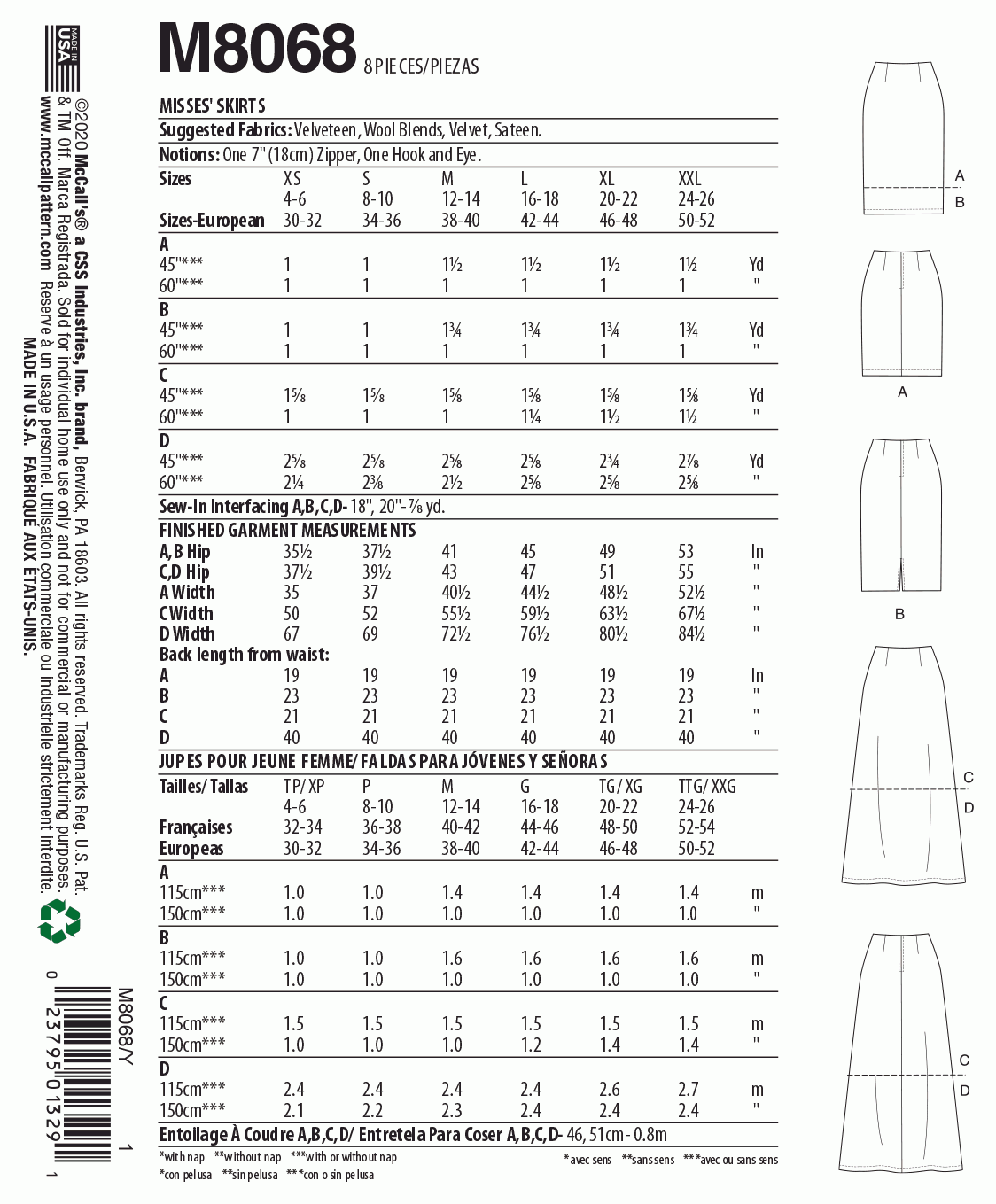 McCall's Pattern M8068 Y (XSM-SML-MED)