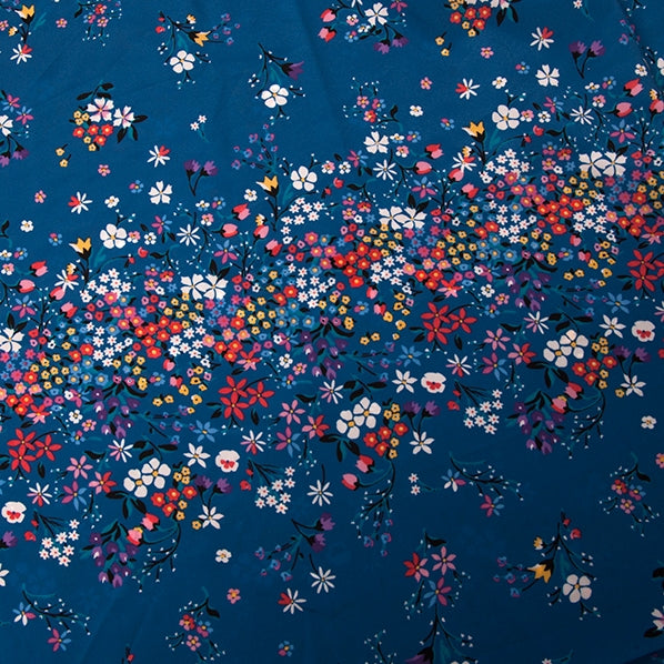 Floral Crepe de Chine Fabric, Blue Floral- Width 150cm