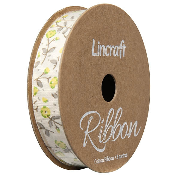 Cotton Ribbon, Stem Flower Green- 15mm x 3m