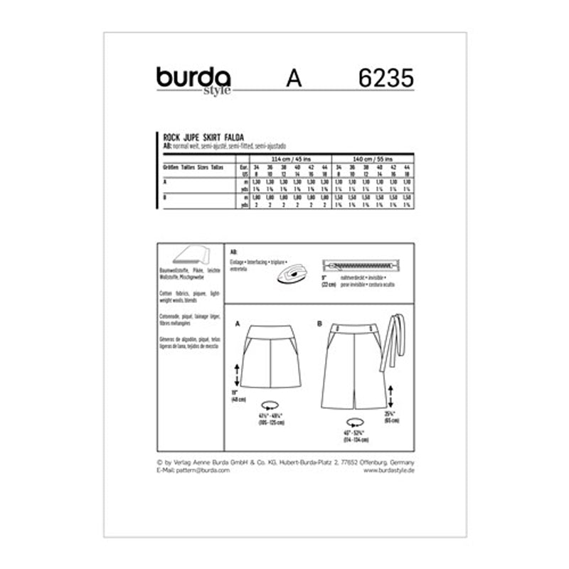 Burda Pattern X06235 Misses' Skirt In 2 Lengths (8-18)