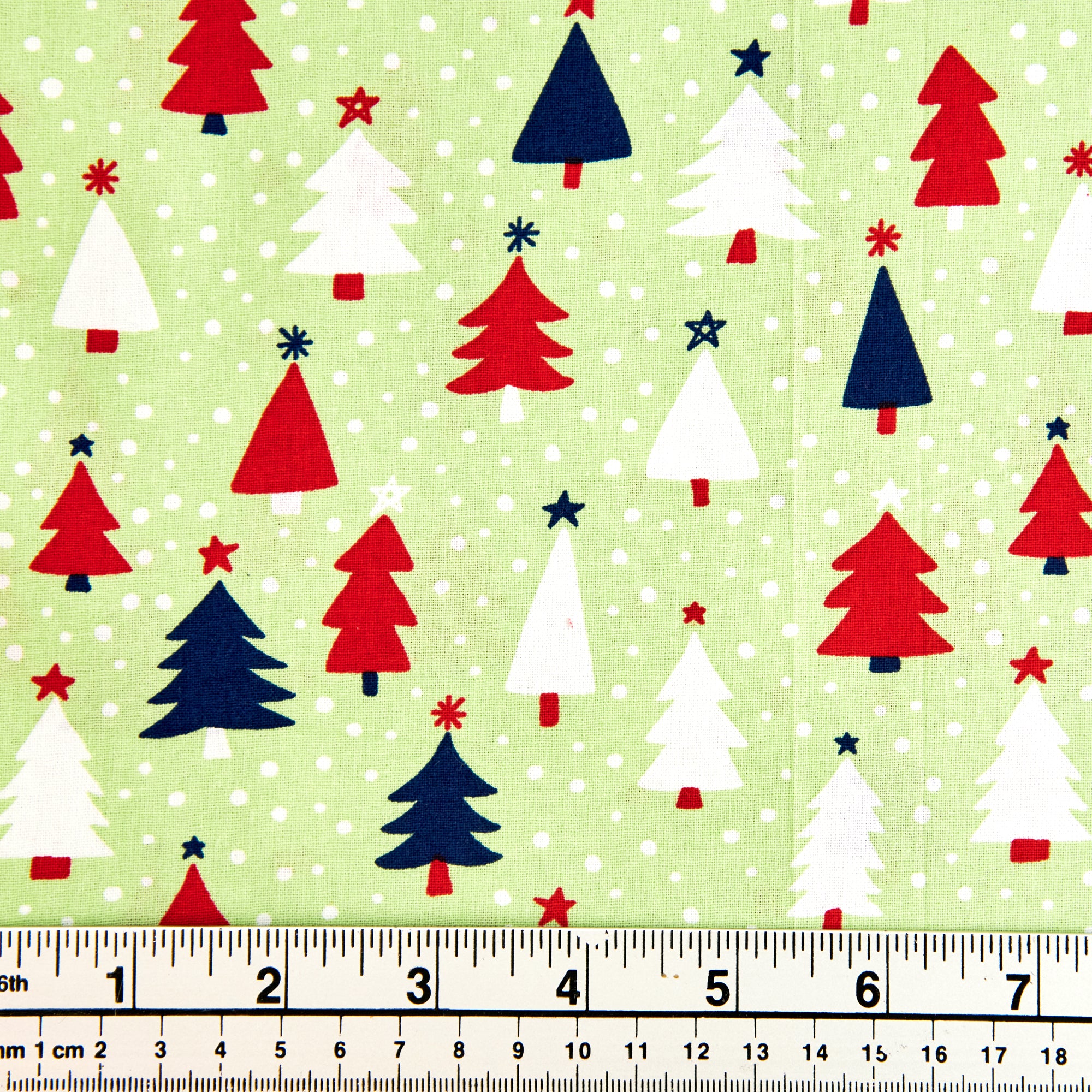Christmas Cotton Print Fabric, Green/Mixed Trees Width 112cm Lincraft
